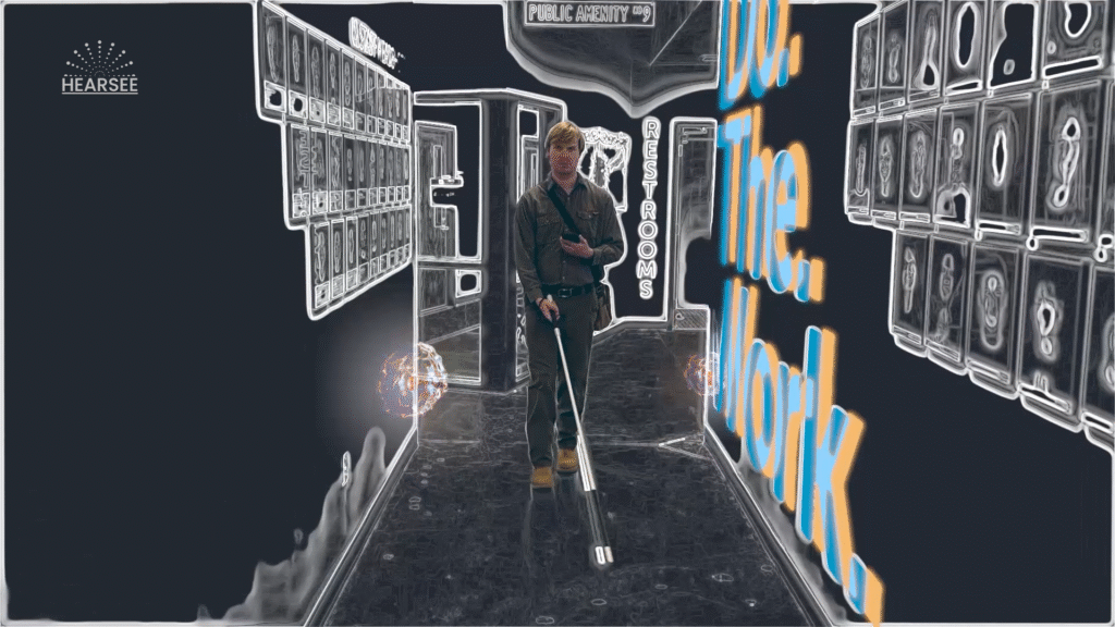 Blind man explores raised-line wall art in a gallery.